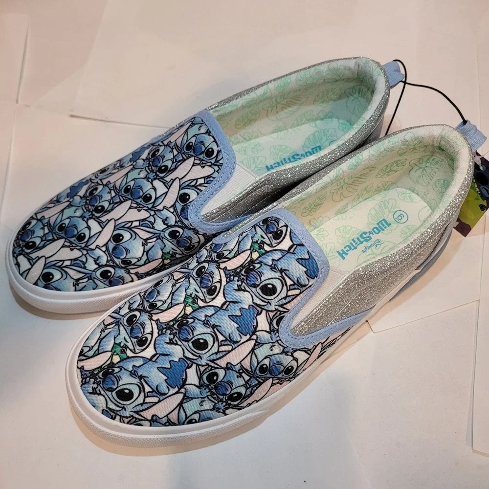 Disney‎ Lilo & Stitch Girls Slip-On Sneakers Ground Up Blue Glitter Size 6 New